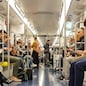 2A49NKM MILAN, ITALY - APRIL 2019 : People in train of subway on April 2019 on metro Milan