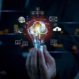 Hand holding Light bulb global Internet connection. Innovation cloud computing digital technology marketing, information management, big data.