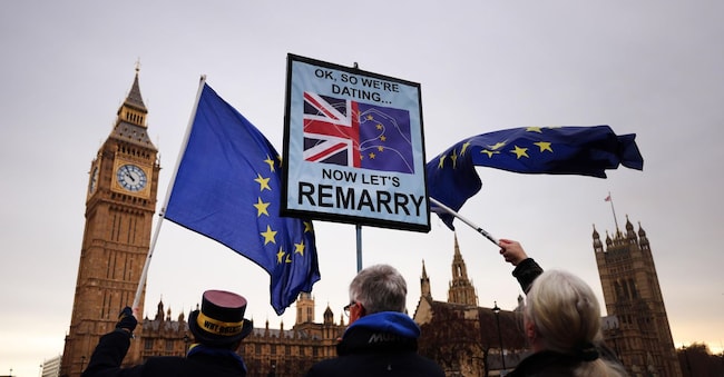 Manifestanti pro-Ue con bandiere e cartelli fuori dal Parlamento di Londra
