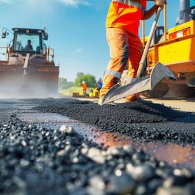 Road construction workers' teamwork, tarmac laying works at a road construction site, hot asphalt gravel leveled by workers, and road surface repair.