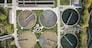 Aerial top view of round polls in wastewater treatment plant, filtration of dirty or sewage water. High quality photo