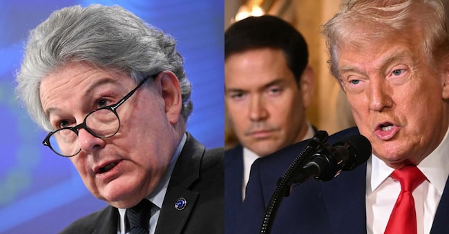 A sinistra, Thierry Breton, ex Commissario europeo per il Mercato interno; a destra, Marco Rubio, Segretario di Stato Usa, e Donald Trump, presidente Usa