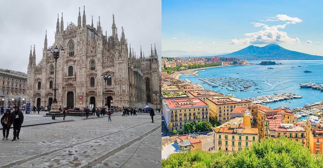 Il Duomo di Milano (Imagoeconomica); Il Golfo di Napoli con il Vesuvio sullo sfondo (Adobe Stock)
