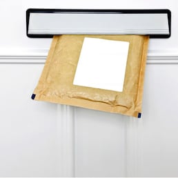 A padded envelope in the letterbox of a white front door, blank label for you to add your own name and address.
