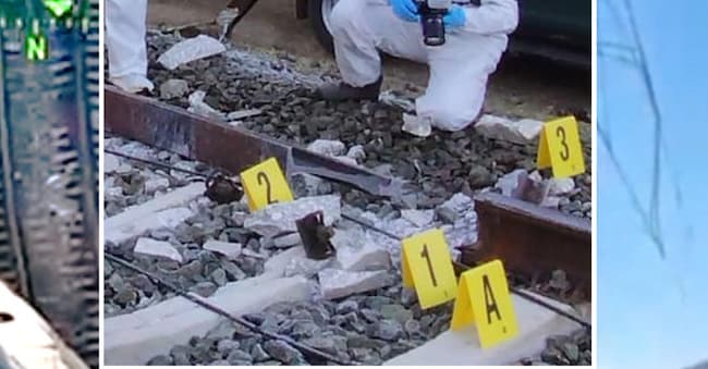 Lo scenario del disastro ferroviario del 18 gennaio 2026, vicino alla città di Adamuz, Cordova; il treno ad alta velocità deragliato; e nel riquadro il giunto che potrebbe essere saltato prima dell'incidente, creando uno spazio tra due sezioni del binari causando il deragliamento e la collisione con un altro convoglio che viaggiava nella direzione opposta, 19 gennaio 2026. ANSA/GUARDIA CIVIL 