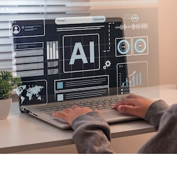 Artificial Intelligence concept. A student learning about AI technology at home. AI assistant to help learning.