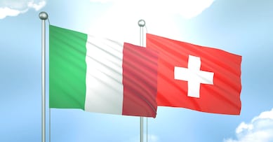 3D Flag of Italy and Switzerland on Blue Sky with Sun Shine