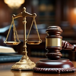 Close-up shot of the gavel on the judge's desk symbolizing court trials, justice, and legal decisions in the courtroom. The gavel and scales of justice representing law and justice concepts