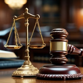 Close-up shot of the gavel on the judge's desk symbolizing court trials, justice, and legal decisions in the courtroom. The gavel and scales of justice representing law and justice concepts