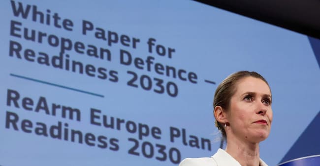 Rearm Europe plan. Kaja Kallas, alto rappresentante per la politica estera dell’Unione presenta il Libro bianco della difesa Ue. (REUTERS/Yves Herman)