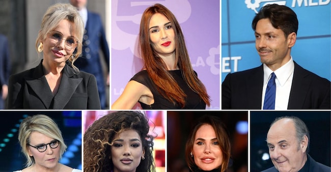 Da sinistra in alto: Marina Berlusconi, Silvia Toffanin, Pier Silvio Berlusconi, Maria De Filippi, Samira Lui, Ilary Blasi, Gerry Scotti, i "soggetti lesi", ossia che hanno subito danni e che hanno deciso di intentare, insieme a Mediaset e Mfe-Mediaforeurope, una causa civile da 160 milioni di euro contro Fabrizio Corona