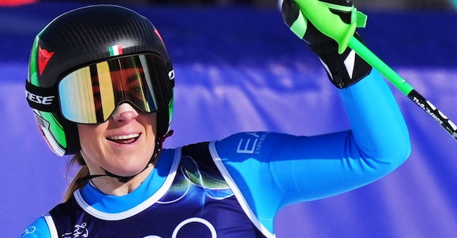Sofia Goggia at the finish line of a women's downhill alpine skiing race at the 2026 Winter Olympics in Cortina, Italy, on Saturday, February 8, 2026. (Photo by Davide Spada/LaPresse)