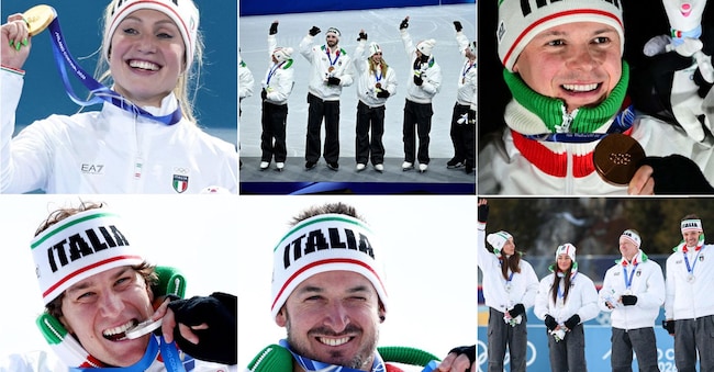 Francesca Lollobrigida - la squadra azzurra nel team event di pattinaggio di figura (Charlene Guignard, Marco Fabbri, Daniel Grassl, Matteo Rizzo, Sara Conti, Niccolò Macii, Lara Naki Gutmann) - Dominik Fischnaller. Seconda fila da sinistra: Giovanni Franzoni - Dominik Paris - Tommaso Giacomel, Lukas Hofer, Dorothea Wierer e Lisa Vittozzi. Terza fila da sinistra: Sofia Goggia - Riccardo Lorello - Lucia Dalmasso.