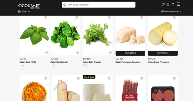 Una schermata del negozio online Gourmet Egypt
