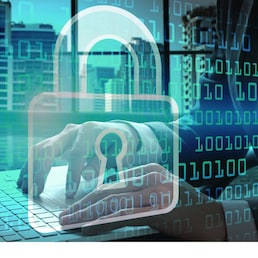 Double exposure of Businessman hand use laptop with padlock technology.