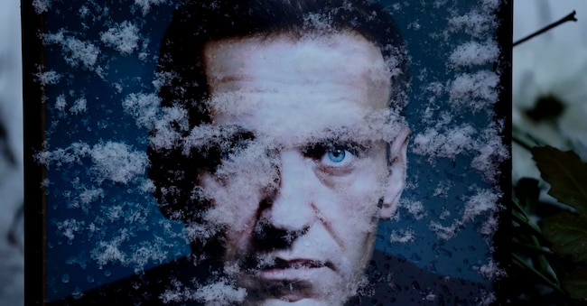 Fiocchi di neve coprono parzialmente il ritratto del defunto leader dell'opposizione russa Alexei Navalny, in occasione del primo anniversario della sua morte, fuori dall'ambasciata russa a Bucarest, in Romania, il 16 febbraio 2025. EPA/ROBERT GHEMENT