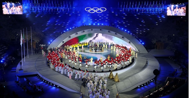 Olimpiadi Milano Cortina 2026, Cerimonia di chiusura - Arena Olimpica di Verona, Verona, Italia - 22 febbraio 2026. Vista generale della sfilata degli atleti durante la cerimonia di chiusura. REUTERS/Claudia Greco