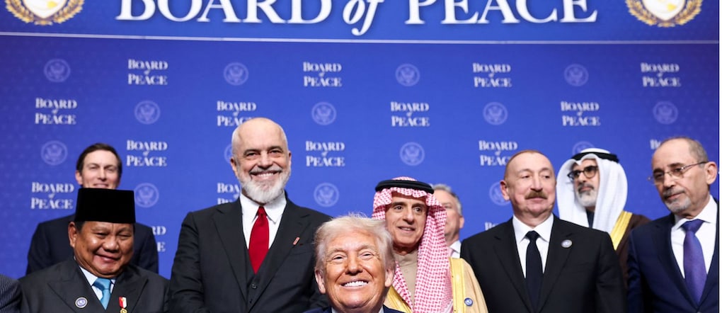 U.S President Donald Trump, Indonesia's President Prabowo Subianto, Albania's Prime Minister Edi Rama, Saudi Minister of State for Foreign Affairs, Cabinet Member, and Climate Envoy Adel Al-Jubeir, Azerbaijani President Ilham Aliyev, and Jordan's Foreign Minister Ayman Safadi attend the inaugural Board of Peace meeting at the U.S. Institute of Peace in Washington, D.C., U.S., February 19, 2026. REUTERS/Kevin Lamarque