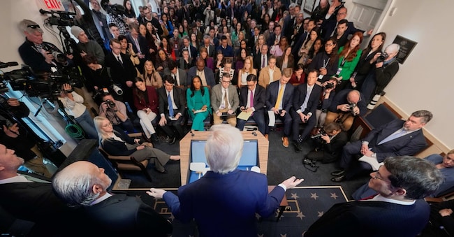 President Donald Trump speaks during a press briefing at the White House, Friday, Feb. 20, 2026, in Washington. (AP Photo/Evan Vucci)