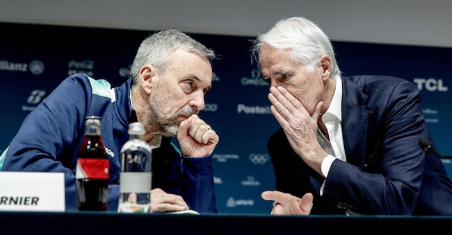 (da sx) Andrea Varnier e Giovanni Malagò durante l’incontro su 'Le Olimpiadi di Milano Cortina 2026' presso il main media center al MiCo a Milano, 22 febbraio 2026. ANSA/MOURAD BALTI TOUATI