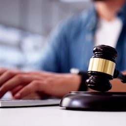 Legal Court Technology. Law Trial Tech And Laptop