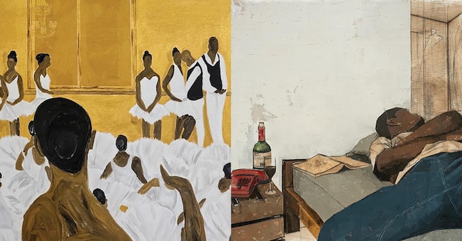 A sinistra: Themba Sibeko, «The Golden Waiting Room», 2023-2024 - Acrilico su tela (Courtesy: Wunika Mukan Gallery - Lagos). A destra: Ayotunde Ojo, «Stale Wine», 2022 - Mixed media su tela, 121,9 × 121,9 cm (Courtesy: Southern Guild)