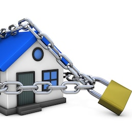 House security concept with a home icon model locked with chain and padlock 3D illustration isolated on white background.