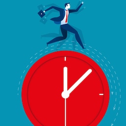 Businessman running on clock representing deadline. Concept business illustration