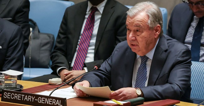 Il segretario generale delle Nazioni Unite Antonio Guterres interviene durante la riunione del Consiglio di sicurezza delle Nazioni Unite, dopo che gli Stati Uniti e Israele hanno lanciato attacchi contro l'Iran, presso la sede delle Nazioni Unite a New York City, Stati Uniti, il 28 febbraio 2026.  REUTERS/Heather Khalifa