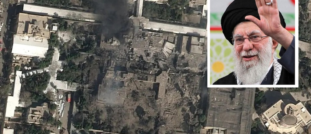 Nella combo, la residenza della Guida Suprema dell'Iran Alì Khamenei distrutta negli attacchi israeliani, Teheran, 28 febbraio 2026, ANSA/Telegram/VahidOnline