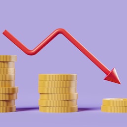 Descending arrow and stack of dollar coins on purple background. Concept of financial problem and crisis. 3D rendering