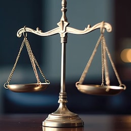 Law scale justice symbol on the blurred background. Judge justice concept. Generative AI illustration