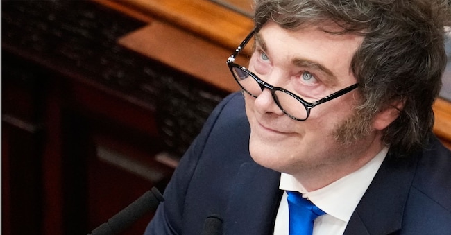 Il presidente argentino Javier Milei pronuncia il discorso annuale sullo stato della nazione al Congresso di Buenos Aires, Argentina, domenica 1 marzo 2026. (AP Photo/Gustavo Garello)      Associate Press/ LaPresse Solo Italia e Spagna