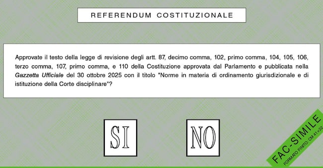 La scheda con il quesito del referendum costituzionale sulla giustizia, per cui gli elettori si recheranno alle urne il 22 e 23 marzo 2026. Roma, 2 marzo 2026, ANSA
