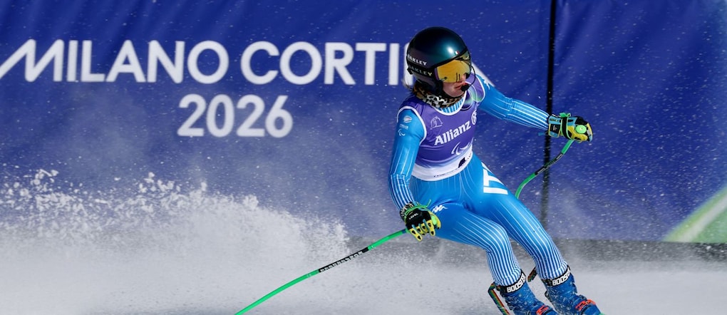 Paralimpiadi Milano Cortina 2026 - Sci alpino paralimpico - Discesa libera femminile ipovedenti - Centro sciistico Tofane, Belluno, Italia - 7 marzo 2026. Chiara Mazzel (Italia) in azione REUTERS/Stoyan Nenov
