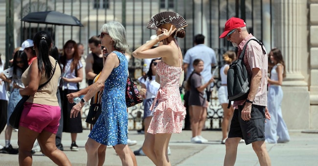 Le persone si riparano dal sole mentre fanno la fila fuori dal Palazzo Reale di Madrid il 2 luglio 2025. L'ondata di caldo che ha colpito l'Europa questa settimana ha battuto i record di temperatura, causato la chiusura delle scuole e aumentato il rischio di incendi. (Foto di Thomas COEX / AFP)