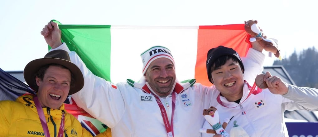 Milano Cortina 2026 - Il podio di para snowboard cross uomini SB-LL2: Emanuel Perathoner (ITA) ORO, Ben Tudhope (AUS) argento, Lee Jehyuk (KOR) bronzo

