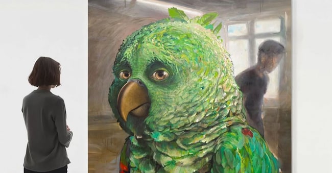 Dalla serie “Portrait of a Parrot. An Unbothered, Sad and Cringe Parrot. Indifferent to its Context”, 2025, di Michele Gabriele, acrilico su tela, in vendita alla Galleria KALI di Lucerna