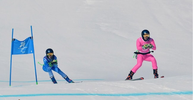 Chiara Mazzel con la guida Nicola Cotti Cottini vince la medaglia d'oro nel SuperG alle Paralimpiadi di Milano Cortina 2026, 9 marzo 2026. ANSA/MEZZELANI/GMT/US CIP 