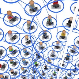 Crowd of small symbolic 3d computer user figures linked by lines, isolated