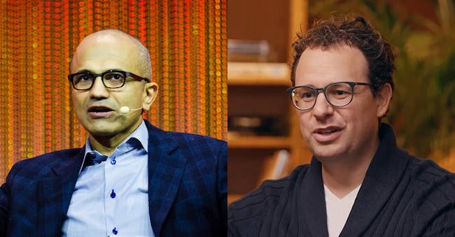Da sinistra, l’amministratore delegato di Microsoft, Satya Nadella, e il fondatore e amministratore delegato di Anthropic, Dario Amodei