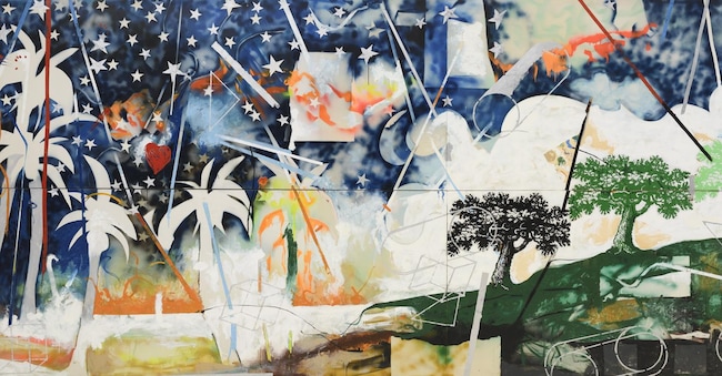  “Interno di casa romana”, 1968 (dettaglio) di Mario Schifano, smalto, spray, grafite e pastello su tela, 303 × 720 cm, politticoCollezione privata. Foto Giorgio Benni; © MARIO SCHIFANO, by SIAE © Archivio Mario Schifano