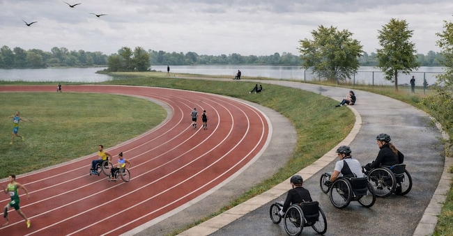 Rendering. Una delle quattro piste di atletica disegnate dall’Ifdesign di Milano, che ha progettato il nuovo centro di preparazione paralimpica dell’Ucraina