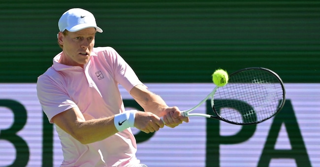 Mar 14, 2026; Indian Wells, CA, USA; Jannik Sinner (ITA) hits a shot as he defeated Alexander Zverev (GER) in the semifinal of the BNP Paribas Open at the Indian Wells Tennis Garden. Mandatory Credit: Jayne Kamin-Oncea-Imagn Images