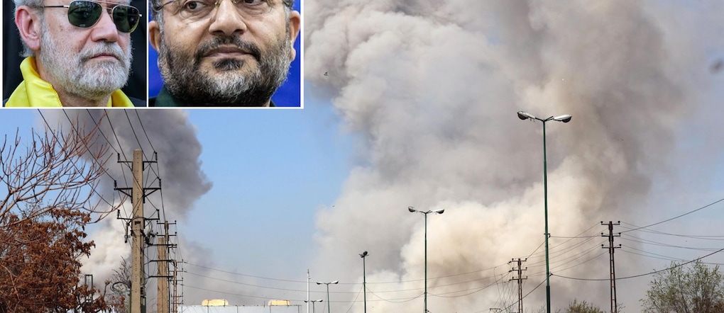Nella combo, Teheran sotto i bombardamenti e - nel riquadro -  Ali Larijani (sx) e Gholamreza Soleimani, 17 Marzo 2026. ANSA