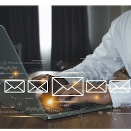 Hand Business man using Laptop  with email icon, Emails or Electronic mail spam concept. Postal envelopes icons. Digital finance technology marketing. Social media. Global customer network connection.