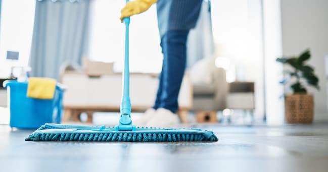 Housekeeping, cleaning and woman maid with a mop to clean the living room floor at a house. Female domestic worker, cleaner and housewife washing the ground for bacteria, dust or dirt in her home Lou W/peopleimages.com - stock.adobe.com