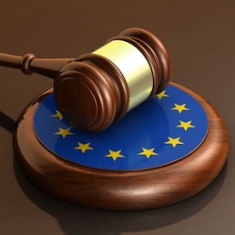 European Union laws, legal system and parliament concept with a 3d render of a gavel on a wooden desktop and the EU flag.