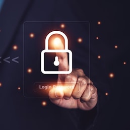 Businessman protecting data personal information on phone and virtual interface. Data protection privacy concept. login password unlock to server