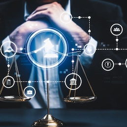 Smart law, legal advice icons and lawyer working tools in the lawyers office showing concept of digital law and online technology of savvy law and regulations .